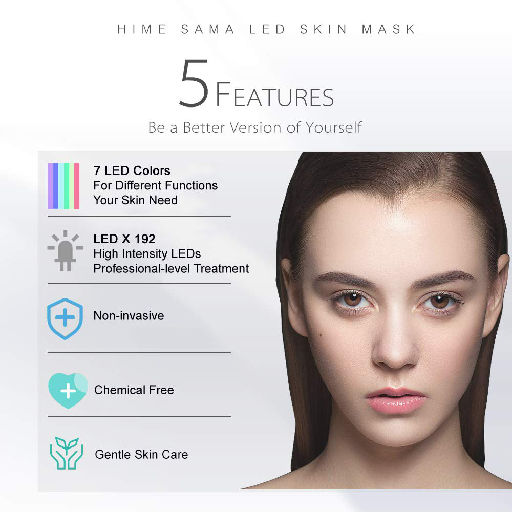 HIME SAMA Máscara de terapia de luz LED de 7 colores para rejuvenecimiento de la piel de rostro y cuello (oro rosa) 