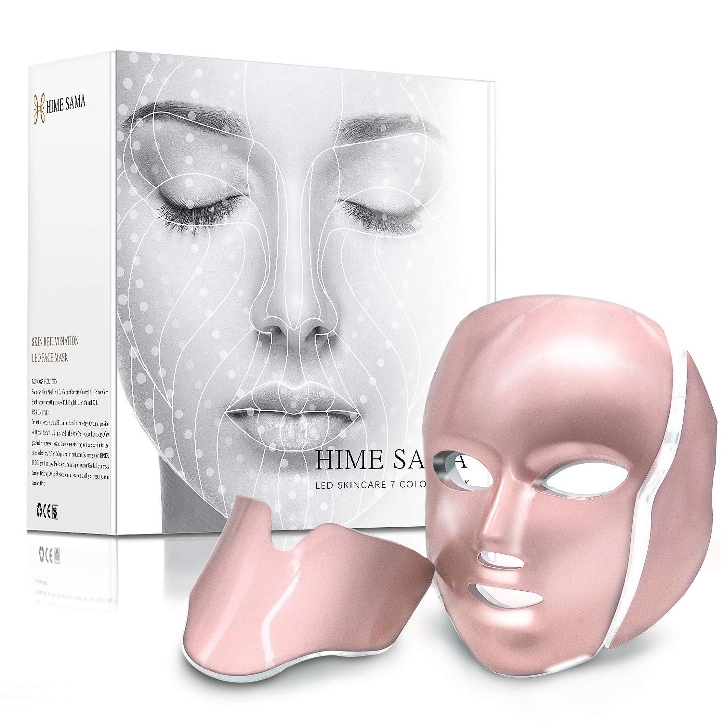 HIME SAMA Máscara de terapia de luz LED de 7 colores para rejuvenecimiento de la piel de rostro y cuello (oro rosa) 