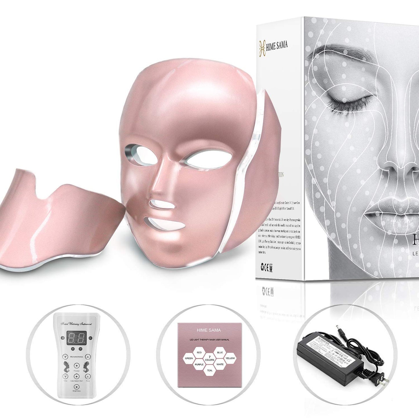 HIME SAMA Máscara de terapia de luz LED de 7 colores para rejuvenecimiento de la piel de rostro y cuello (oro rosa) 